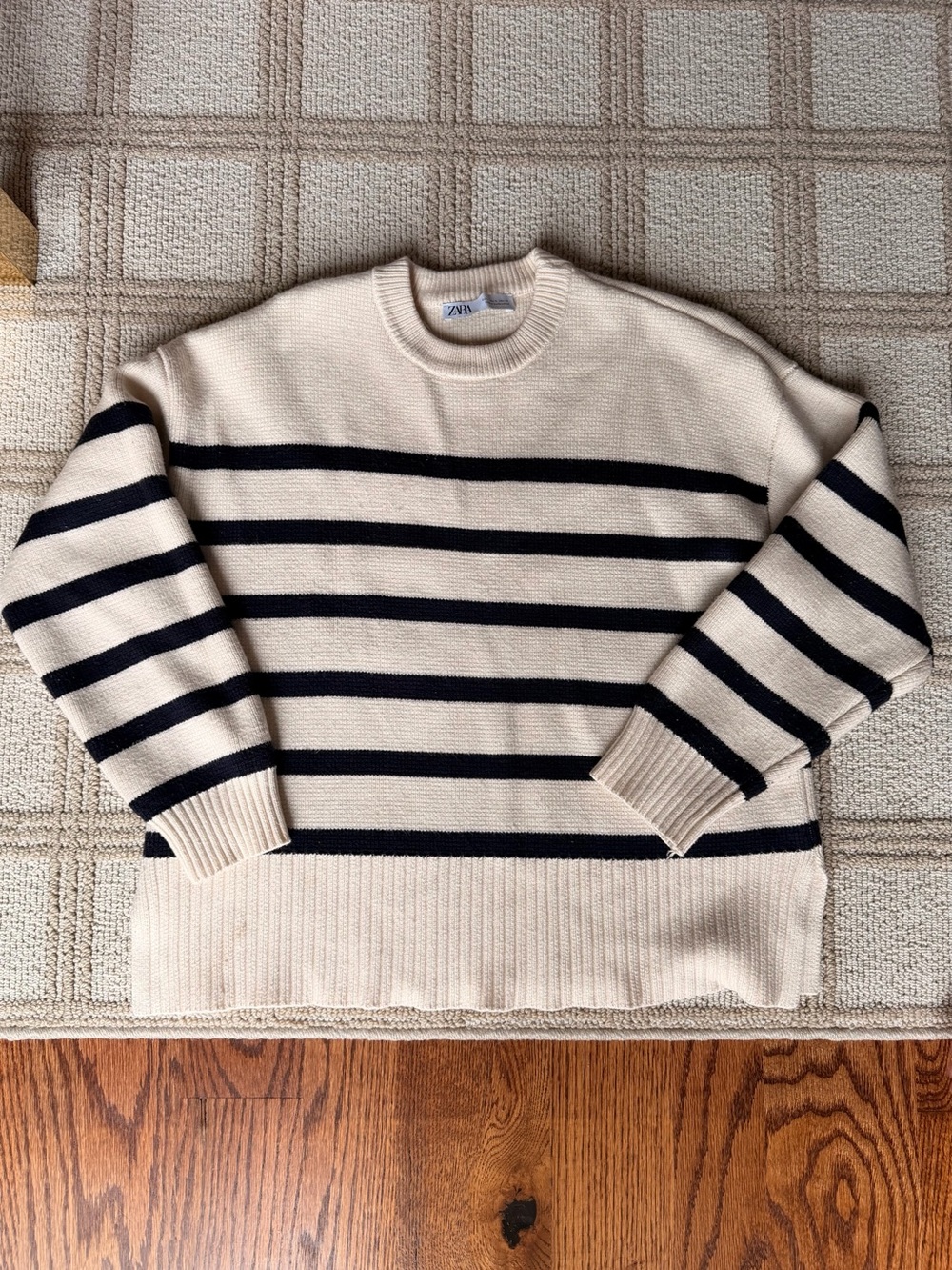 Zara Cream and Navy Striped Crewneck Sweater